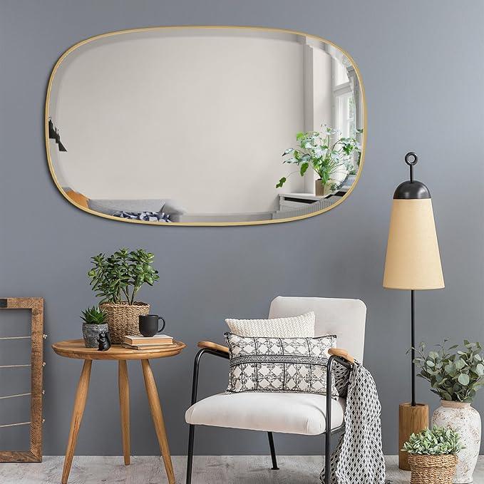POZINO Brushed Gold Beveled Mirror, 24"x40" Modern Rounded Rectangle Mirrors, Brass Oval Mirrors, Oblong Vanity Wall Mirror in Premium Stainless Steel Frame, Hangs Horizontal Or Vertical - ModernBath