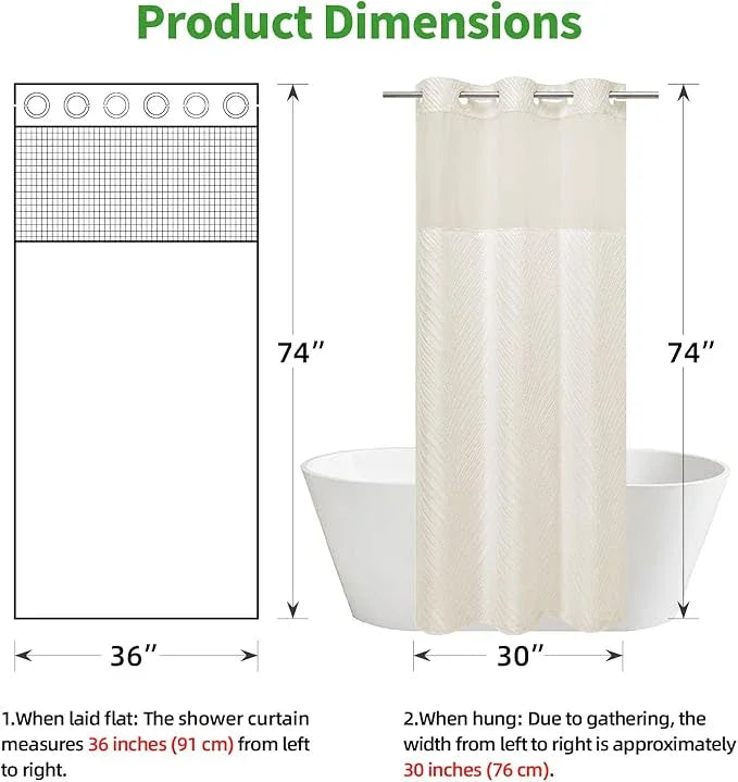 eachope stall no Hook Tufted Shower Curtain with snap in Liner Set, White Waterproof Fabric Inner Liner,Boho Style Shower Curtain with See Through top Window, Cream, 36Wx74H - ModernBath