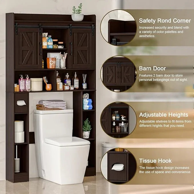 Over The Toilet Storage Cabinet, Farmhouse Toilet Cabinet Rack with Barn Doors, Space Saving Bathroom Organizer with Shelves, Toilet Paper Holder and Towel Rack for Bathroom,Restroom,Laundry,Walnut - ModernBath