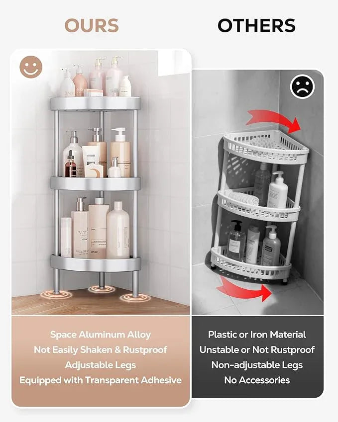 Nieifi Corner Shower Caddy Stand-3 Tier Rustproof Anodized Aluminum Standing Shower Organizer-Shower Caddy Corner-Dual Stability to Anti-Shaking-Height-Adjustable Legs for Uneven Surfaces-Silver - ModernBath