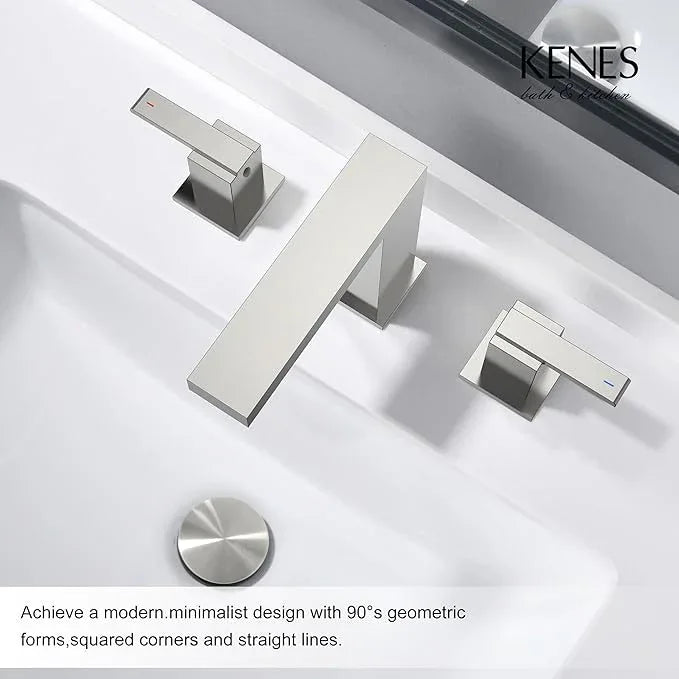 KENES 2 Handle Widespread Bathroom Faucets Brushed Nickel, Bathroom Sink Faucet 3 Hole Vanity Faucet with Lead-Free Supply Hose, KE-9050 - ModernBath