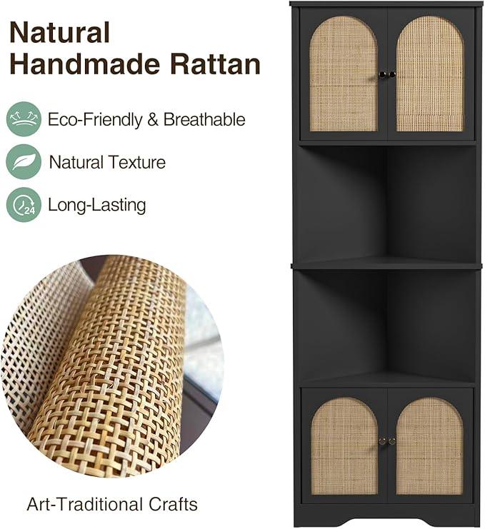 67''H Tall Corner Cabinet with Handmade Rattan Door, Rattan Storage Cabinet with Adjustable Shelves, Corner Bookshelf Space Saver for Barthroom, Kitchen, Living Room, Black - ModernBath