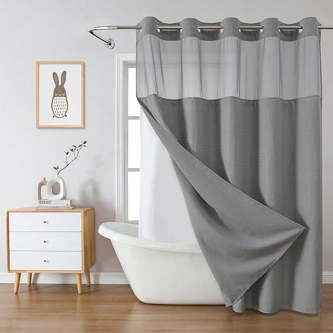 eachope Grey Long No Hook Waffle Weave Shower Curtain with snap-in Liner Replacement, 230GSM Waterproof Fabric Hotel Shower Curtain Set for Bathroom, Through Mesh Top Window,71Wx80H - ModernBath