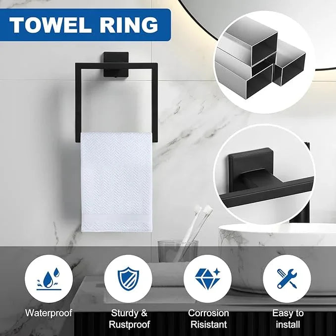 Cilee 15-Pieces Bathroom Hardware Set - Matte Black Bathroom Accessories, 24 Inch Towel Bar, Square Towel Ring, Toilet Paper Holder, Towel Hook, Wall-Mounted Stainless Steel Towel Bar Rack Set - ModernBath