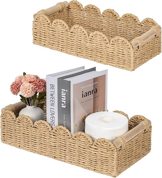 CubesLand Decorative Toilet Paper Storage Basket, Modern Farmhouse Home Decor Basket for Organizing, Scalloped Pantry Baskets for Shelves, Countertop, Living Room, w/Wood Handles, Beige 2 Sizes - ModernBath