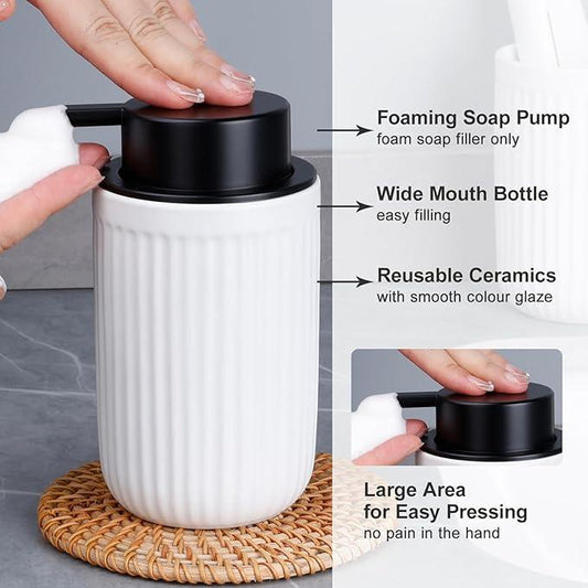 BosilunLife Foam Hand Soap Dispenser - White Ceramic Foaming Soap Dispenser for Bathroom 12oz Refillable Liquid Lotion Soap Dispenser with Rust-Proof foaming Pump for Countertop - ModernBath