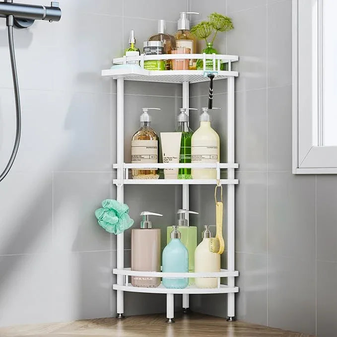 HapiRm Standing Corner Shower Caddy - 3 Tier Shower Organizer Corner with Soap Holder and 4 Hooks, Rustproof Bathroom Storage Shelves with Adhesives, White - ModernBath