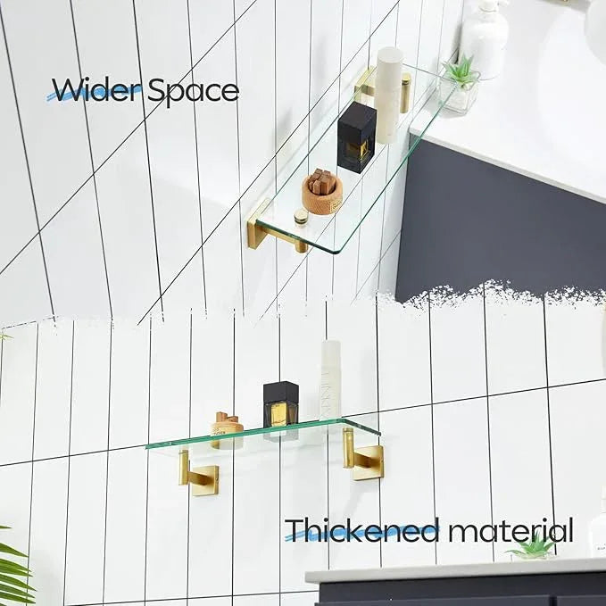 KOKOSIRI Wall Shelves Floating Shelf 16'' Gold Stainless Steel Bathroom Hardware Tempered Glass Hanging Rack Storage/Room Decor 2 Pack B1105BG-L16-P2 - ModernBath