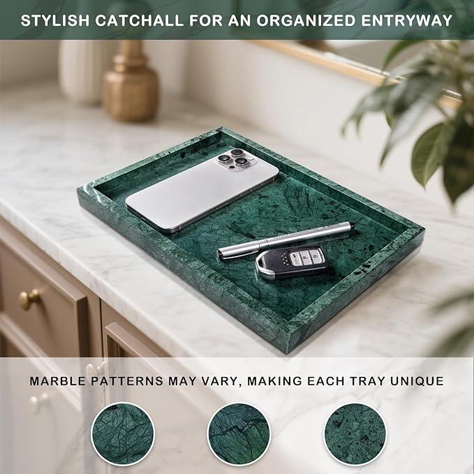 Homaura Marble Bathroom Tray for Countertop & Home Decor, Natural Decorative Marble Tray for Jewelry & Perfume Organizer, Luxury Stone Vanity Trays for Dresser, Kitchen Counter, 12" x 8", Green - ModernBath