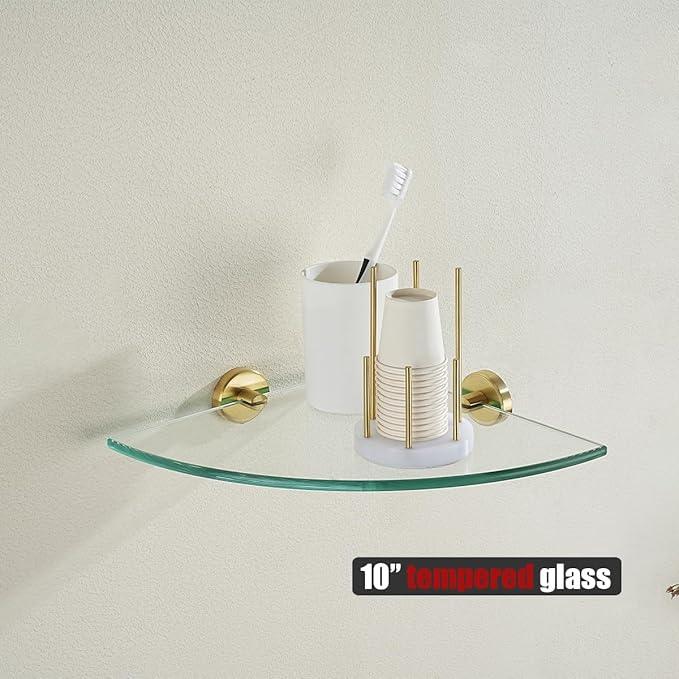 JQK Corner Glass Shelf 10.67 Inch, Brushed Gold Bathroom 304 Stainless Steel Shower Triangle Floating Wall Shelf Tempered Glass, 3 Pack TGS190L10-BG-P3 - ModernBath
