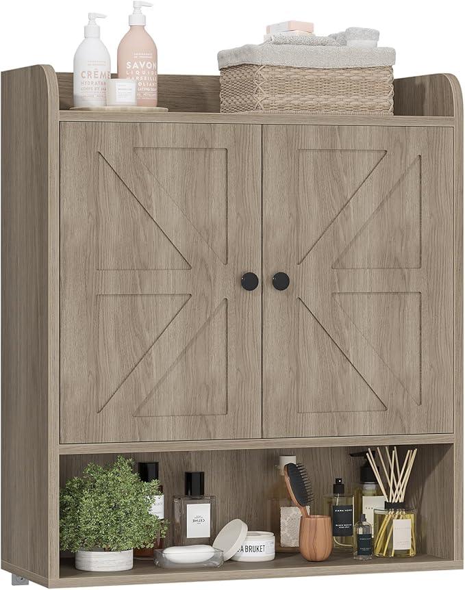 EasyCom 22" W x 26" H Bathroom Wall Cabinet, Farmhouse Medicine Cabinet with Adjustable Shelves and Double Barn Doors, Over The Toilet Storage Cabinet for Bathroom, Kitchen, Living Room, Oak Grey - ModernBath