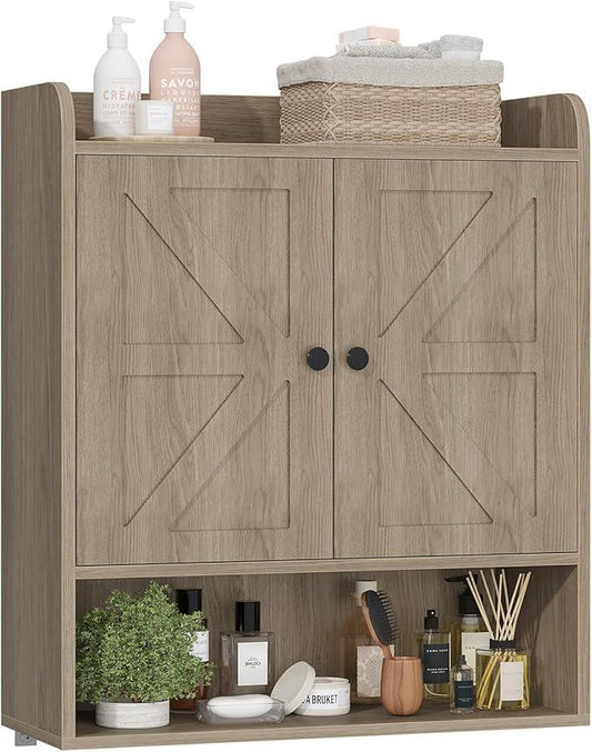 EasyCom 22" W x 26" H Bathroom Wall Cabinet, Farmhouse Medicine Cabinet with Adjustable Shelves and Double Barn Doors, Over The Toilet Storage Cabinet for Bathroom, Kitchen, Living Room, Oak Grey - ModernBath