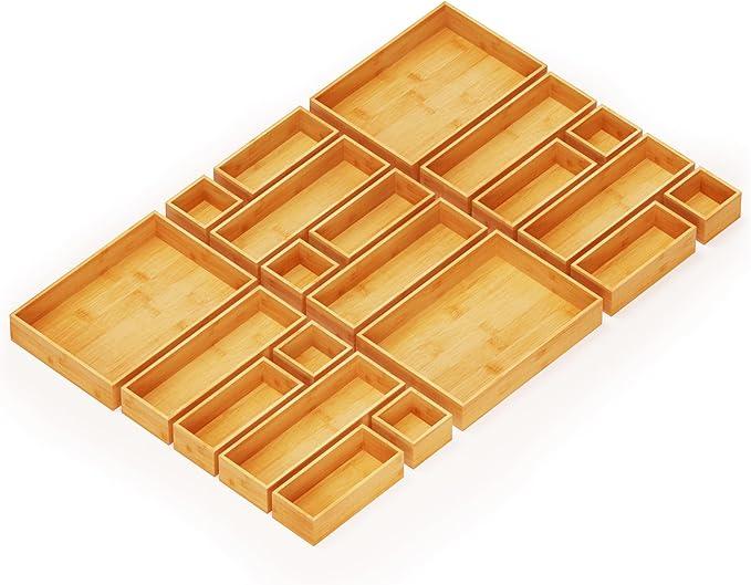 SpaceAid 21-Piece Bamboo Drawer Organizer Storage Boxes Set, Wood Tray Junk Drawer Organizers Multi-Use Divider Bins for Kitchen, Bathroom, Office Desk and Makeup Organization (21 Pack, Natural) - ModernBath