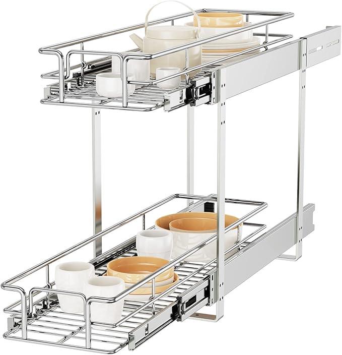 ROOMTEC Individual Pull Out Cabinet Organizer (7½"W x 21½"D), 2 Tier Spice Rack Organizer for Cabinet, Slide Out Drawer Pantry Shelf Organization and Storage for Kitchen Bathroom - ModernBath