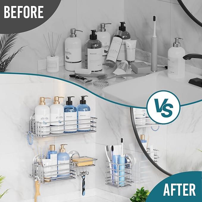 TAILI Shower Caddy Suction Cup, 3 Pack Shelves for Inside with Hooks & Soap Holder Toothbrush Cups, Removable Bathroom Organizer, Rustproof Silver Storage-Silver - ModernBath