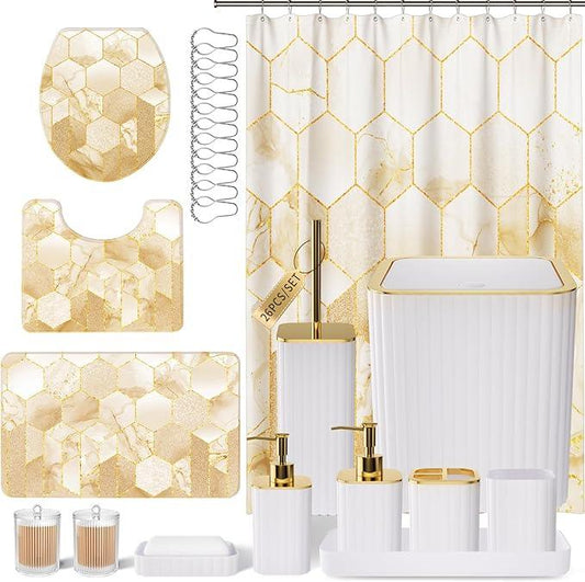 XLHOMO Bathroom Set - 26PC Bathroom Set with Shower Curtain and Rugs, Bathroom Accessory Set, White Bathroom Accessories Set, Trash Can & Soap Dispenser - ModernBath