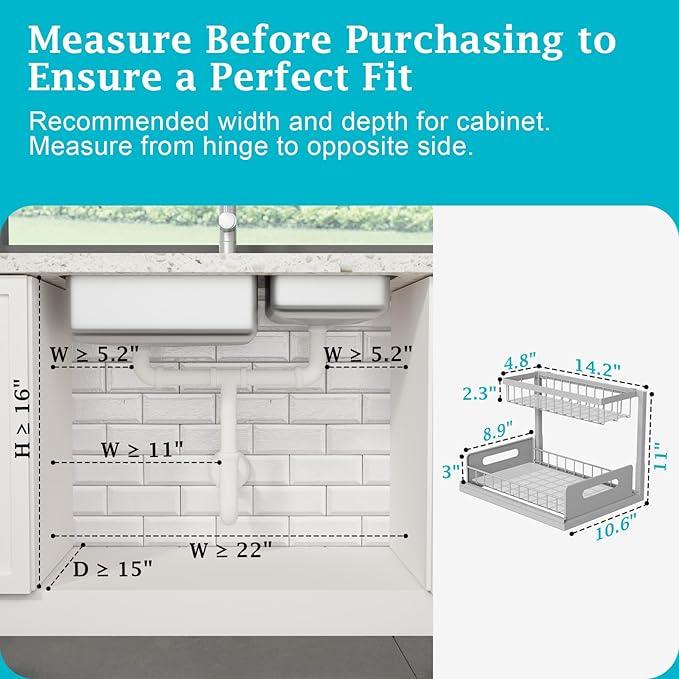 REALINN Under Sink Organizer, Pull Out Cabinet Organizer 2 Tier Slide Out Sink Shelf Cabinet Storage Shelves, Storage for Kitchen Bathroom, Grey, 2 Pack - ModernBath