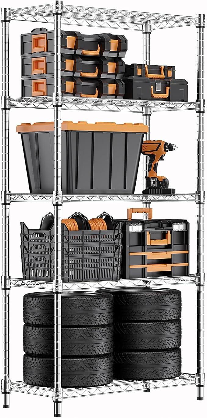 1250 lbs Steel Heavy Duty 5-Tier Utility Shelving Unit Steel Organizer Wire Rack for Home,Kitchen,Office,Chrome (13.7" D x 23.6" W x 62.4" H) - ModernBath