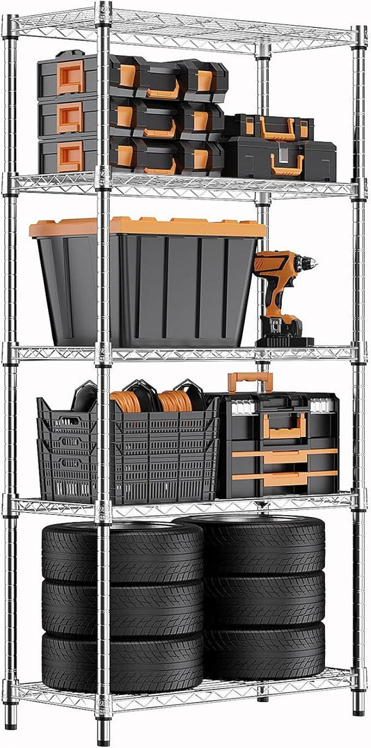 1250 lbs Steel Heavy Duty 5-Tier Utility Shelving Unit Steel Organizer Wire Rack for Home,Kitchen,Office,Chrome (13.7" D x 23.6" W x 62.4" H) - ModernBath