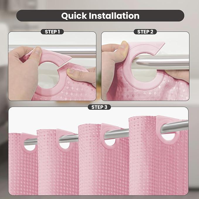 Inhousolu No Hook Waffle Weave Shower Curtain with Removable Snap in Fabric Liner Set for Bathroom, 230 GSM Heavy Duty Weighted Hem, Water Repellent Washable Bath Curtains, 72 x 72 Inch, Pink - ModernBath