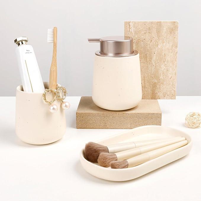 BosilunLife Bathroom Accessory Set - 3 pcs Ceramic Bathroom Soap Dispenser Set Farmhouse Bathroom Counter Decor Set Accessories, Soap Dispenser and Toothbrush Holder with Tray - ModernBath