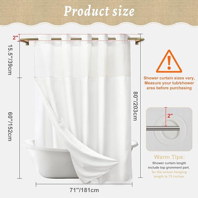 WONICY Long No Hook Shower Curtain with Snap in Liner, Polyester Textured Shower Curtain with Liner Set, Waterproof Washable Hotel Style Shower Curtains for Bathroom, 71Wx80H, White - ModernBath