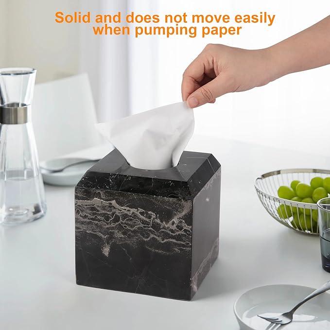 WORHE Tissue Box Cover Italy Natural Marble Heavy Duty Square Facial Toilet Paper Holder for Bathroom Living Room Bedroom Dresser Kitchen Minimalistic Office Home Decor Black (WH013) - ModernBath