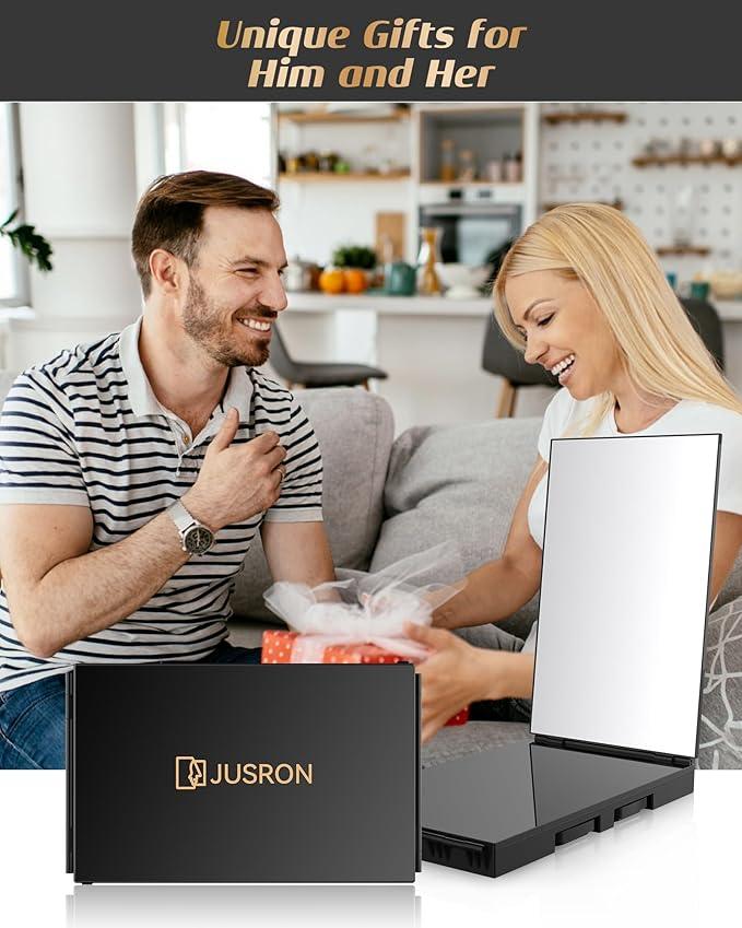 JUSRON 360 Viewing Angle Self Hair Cutting Mirror, Clear Anti-Fog HD Glass (Black with LED with Accessories) - ModernBath