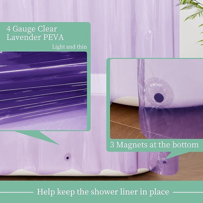 Mrs Awesome Clear Lavender Shower Curtain Liner with 3 Magnets, 72x72 Premium Flexible Sturdy Plastic Shower Curtain for Bathroom Lightweight & Waterproof, Clear Lavender - ModernBath