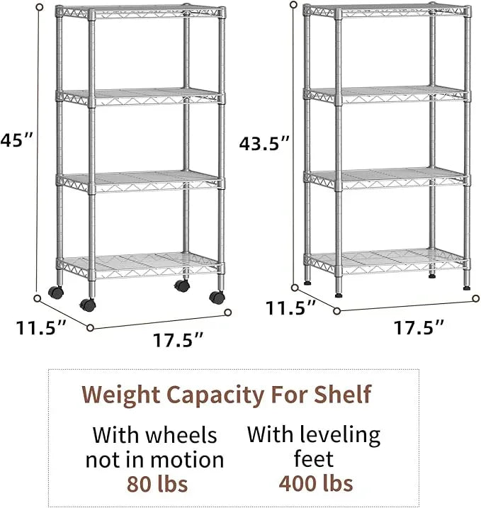 SINGAYE 4 Small Shelves Storage Shelf Wire Shelving Unit Metal Shelf Adjustable Organizers Storage Shelving with Wheels for Bathroom Laundry Room Kitchen Pantry - ModernBath