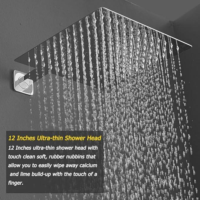 Heable Polished Chrome Shower System 12 Inches Bathroom Luxury Rain Shower Head with Handheld Combo Set Wall Mounted High Pressure Rainfall Shower Head System Shower Faucet with Valve and Trim Kit - ModernBath