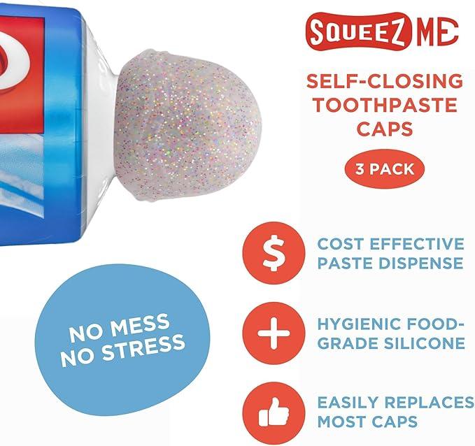 Chrome Cherry SqueezMe Self-Closing Toothpaste Caps, Silicone Lid for Kids & Adults, No Mess Toothpaste Dispenser, Easy Squeezer Cap for Tubes, Bathroom Accessory, Glitter, Pack of 6 - ModernBath