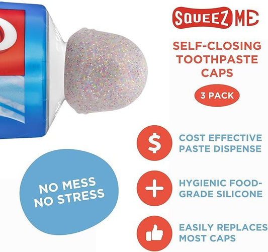 Chrome Cherry SqueezMe Self-Closing Toothpaste Caps, Silicone Lid for Kids & Adults, No Mess Toothpaste Dispenser, Easy Squeezer Cap for Tubes, Bathroom Accessory, Glitter, Pack of 6 - ModernBath