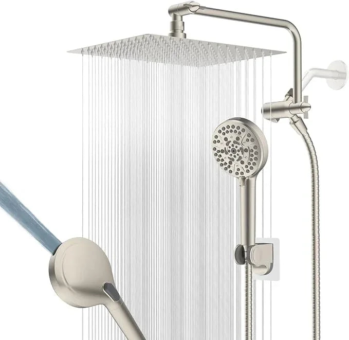 12" All Metal Shower Head, High Pressure 10-Spray Handheld Showerhead Rainfall Shower Head Combo with 11" Adjustable Shower Extension Arm, 71" Hose, Shower Head Holder, Brushed Nickel - ModernBath