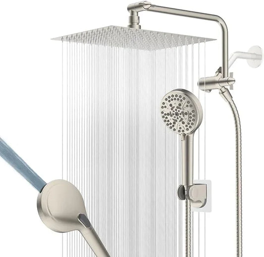 12" All Metal Shower Head, High Pressure 10-Spray Handheld Showerhead Rainfall Shower Head Combo with 11" Adjustable Shower Extension Arm, 71" Hose, Shower Head Holder, Brushed Nickel - ModernBath
