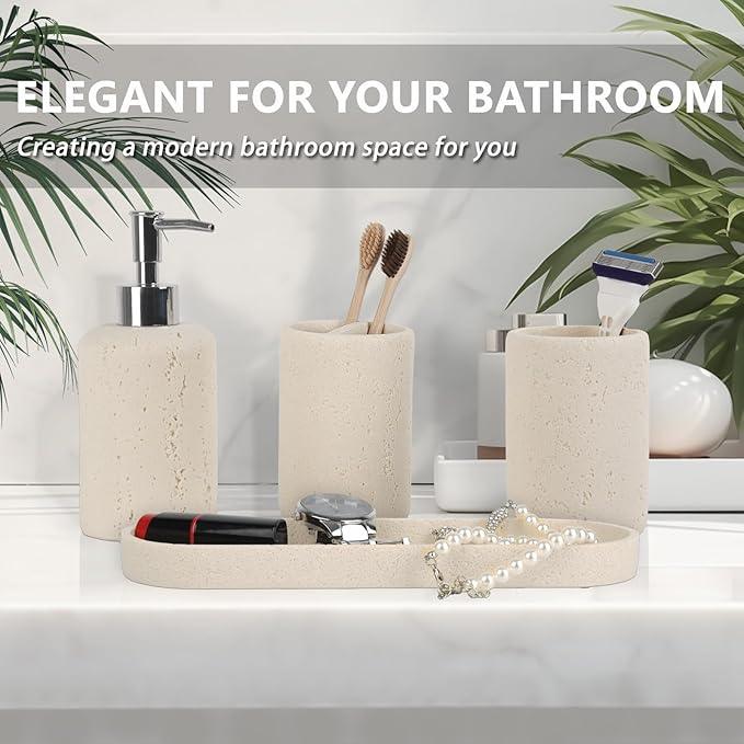 Bathroom Accessories Set,4 Piece Travertine Stone Look Bathroom Accessory Set with Soap Dispenser,Toothbrush Holder,Vanity Tray,Tumbler,Bathroom Organizer for Modern Bathrooms - Beige - ModernBath