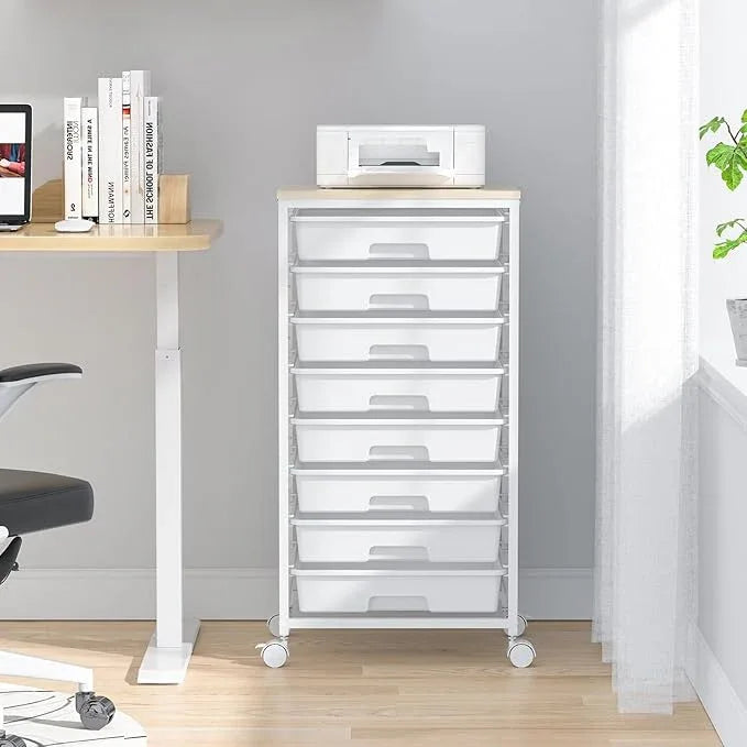 Rolling Storage Cart with Drawers,Utility Cart With 8 Drawers and Wooden Tabletop,Rolling Drawer Cart,Storage Drawer Cart for Living Room,Classroom,Bedroom,Bathroom,Dorm,Office,White - ModernBath