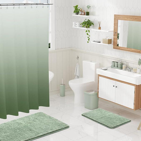 XLHOMO Sage Green Bathroom Set - 24PC Bathroom Sets with Shower Curtain and Rugs, Sage Green Bathroom Accessories Set with Press-on Lid Bathroom Trash Can, Soap Dispenser - ModernBath