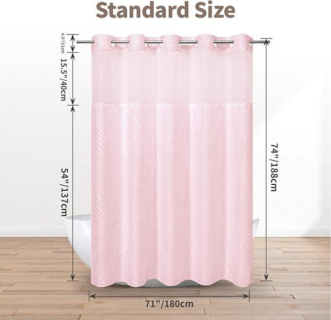 eachope no Hook Shower Curtain and Liner Set，Boho Style with See Through Top Window, Pink Fabric Tufted Striped Textured Outer Curtain & Waterproof Inner Liner, Pink, 71Wx74H - ModernBath