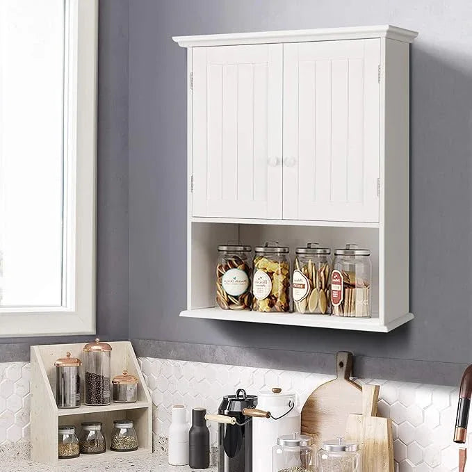 COSTWAY Wall Mounted Bathroom Cabinet, Over The Toilet Storage Cabinet w/Double Doors & Adjustable Shelf, Wood Hanging Medicine Cabinet for Living Room, Entryway, Kitchen (White) - ModernBath