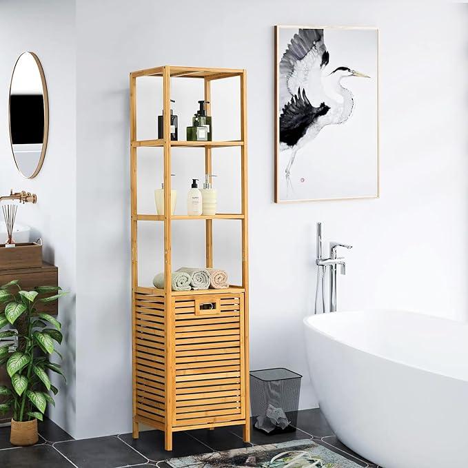Giantex 63'' Tilt Out Laundry Hamper and 4-Tier Storage Shelves, Removable Clothes Basket with Easy Carry, Bamboo Tower Hamper Organizer, Great for Bathroom, Bedroom, Laundry Room, Closet, Nursery - ModernBath