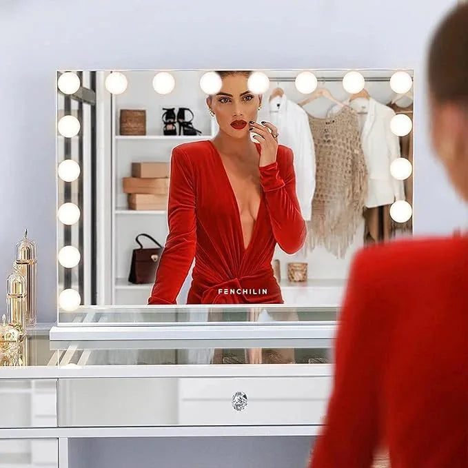 FENCHILIN Vanity Mirror with Lights 32''x23'' Tempered Glass Large Hollywood Mirror with 18 Dimmable Bulbs for Makeup Table/Hanging Bluetooth Speaker Mirror with Touch Screen & USB Charge Port - ModernBath