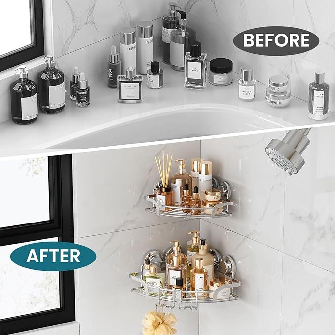 TAILI 2 Pack Powerful Suction Cup Corner Shower Caddy, Stainless Steel Rustproof Shower Shelf with Hook, Drill-Free Wall Mounted Basket, Large Capacity Removable Suction Cup Bathroom Organizer, Silver - ModernBath