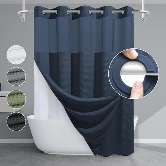 EUTXL Navy Blue No Hook Shower Curtain with Snap in Liner,230GSM Waffle Weave Shower Curtains for Bathroom,71W x 74H - ModernBath
