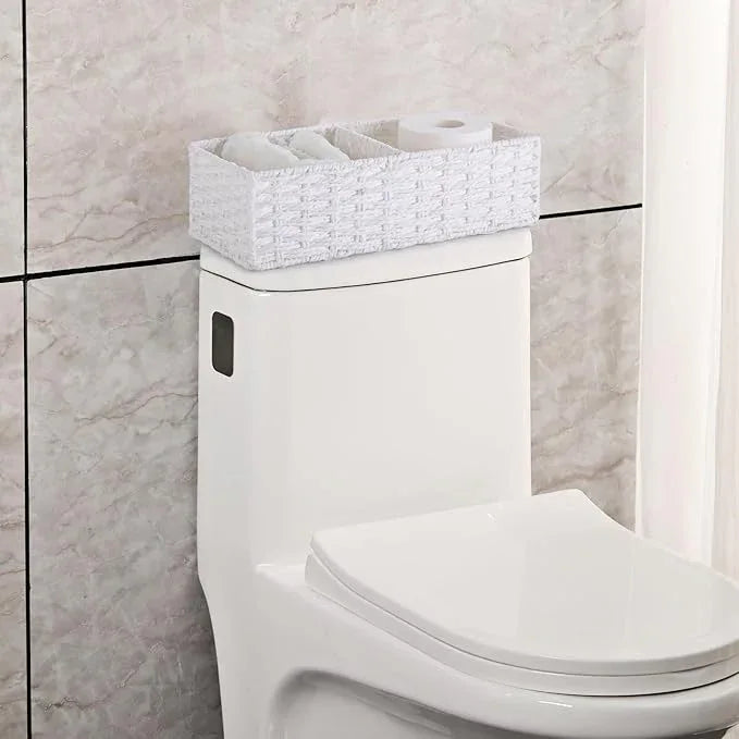Vagusicc 2 Section Wicker Storage Basket, Wicker Baskets for Storage, Toilet Paper Basket for Toilet Tank Top, Small Wicke Baskets for Organizing Shelves, 2-Pack, White - ModernBath