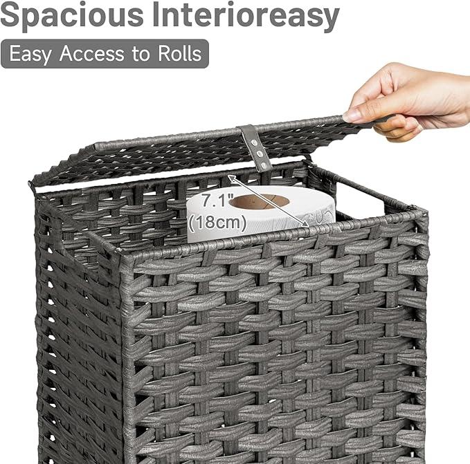 Hiagnete Toilet Paper Storage Basket with Lid and Wheels, Rattan Toilet Paper Holder Storage, Toilet Paper Organizer for Bathroom, Bedroom, Kitchen, 12.6”L x 7.1”W x 17.14”H, Grey - ModernBath