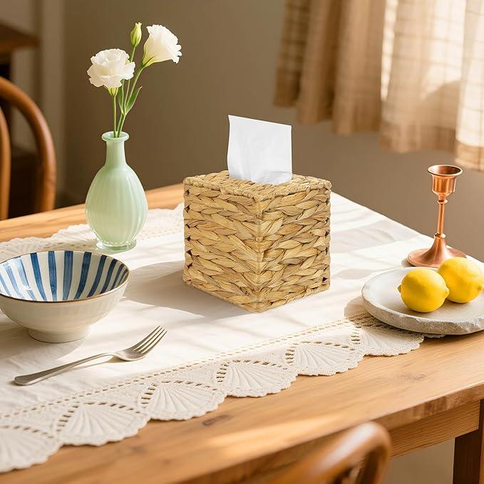 4 Pack Water Hyacinth Tissue Box Cover – Handwoven Rattan Square Holder, Natural Boho Decorative Organizer for Facial Tissues in Bathroom, Living Room, Bedroom & Office - ModernBath