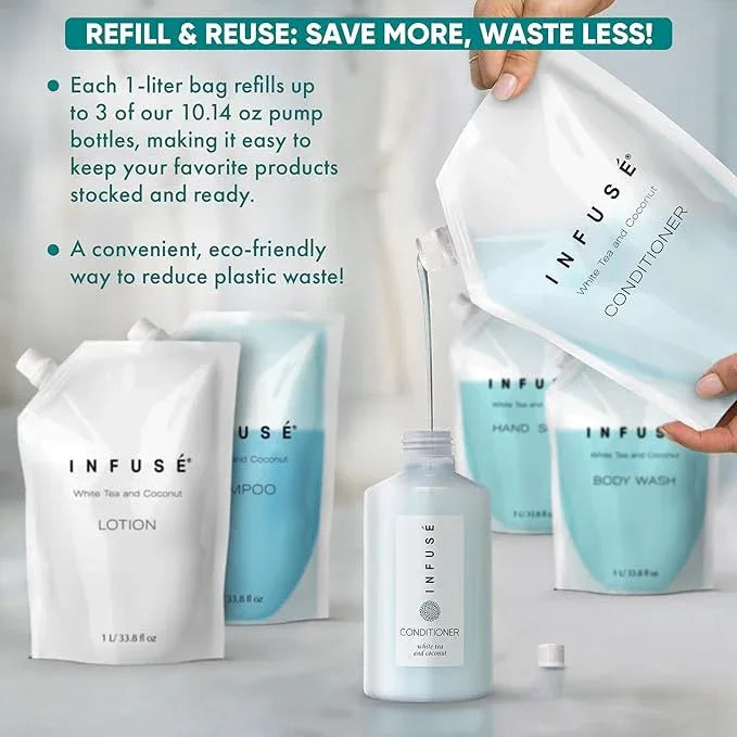 INFUSÉ 1 Liter Conditioner Refill Bag For Soap Dispensers | Bulk Toiletries for Vacation Rentals, and Home Bathroom Showers | White Tea and Coconut | Set of 12 - ModernBath