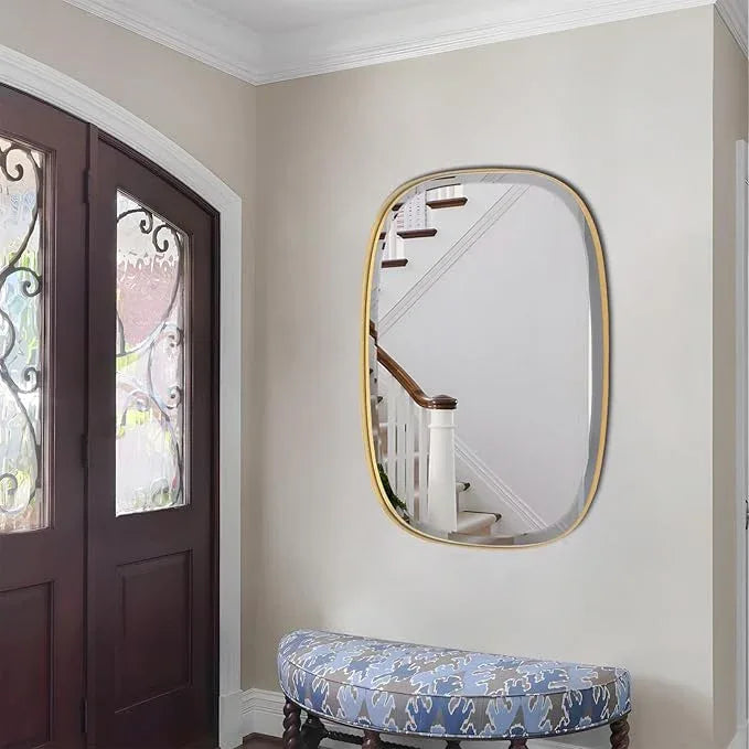 POZINO Gold Bathroom Mirror, 24"x32" Brass Rounded Rectangle Mirrors, Brushed Beveled Mirrors for Over Sink, Modern Vanity Wall Mirror in Premium Stainless Steel Frame Hangs Horizontal Or Vertical - ModernBath