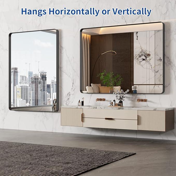 WEER Black Bathroom Mirror 48X36 Inch, Matte Black Bathroom Vanity Mirror Farmhouse, Large Rounded Rectangle Black Metal Framed, Anti-Rust, Tempered Glass, Hangs Horizontally or Vertically - ModernBath